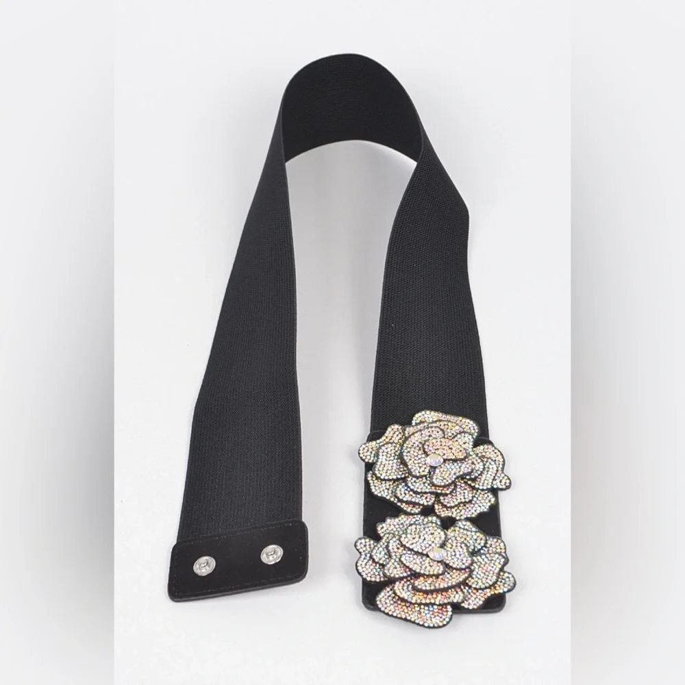 Black Wide Waist Statement Belt with Silver Rhinestone Flowers